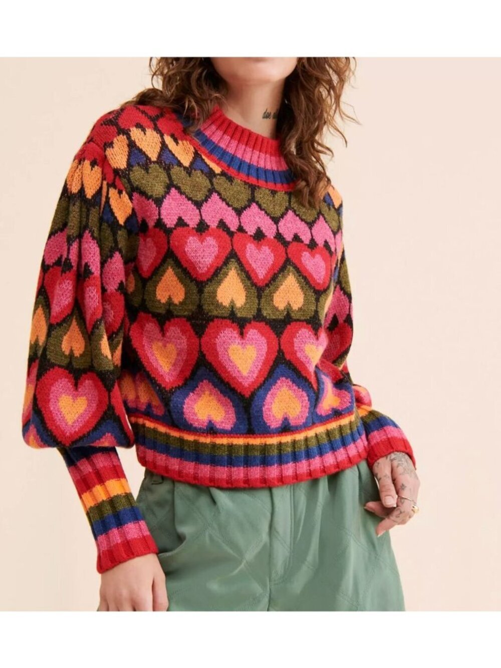 FARM RIO Full Of Hearts Jacquard Mock Neck Sweater Size S Multicolored Knit